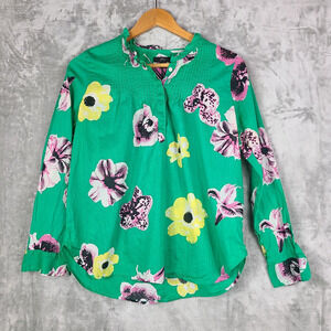 J Crew Lightweight Green Floral Popover Blouse Pintuck Ruffle Button Neck Size 6